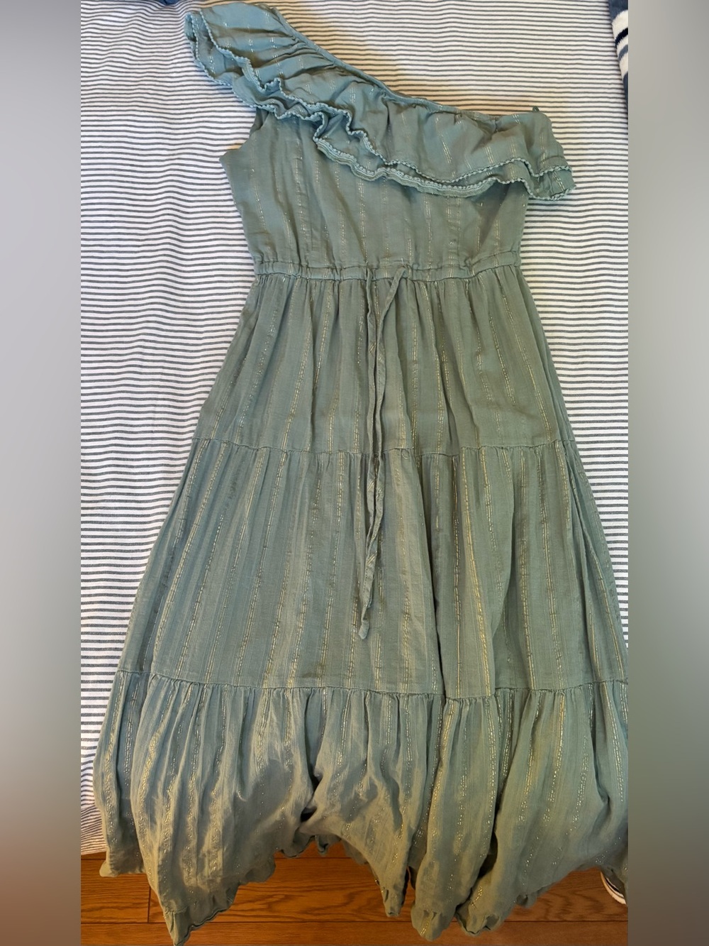 Heartloom One-Shoulder Sage Green Ruffle Maxi Dress with Metallic Detail